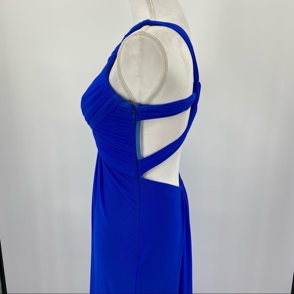 La Femme Ruched Knot Twist Illusion Embellished V-Neck Strappy Back Gown Size 0 - Picture 5 of 8